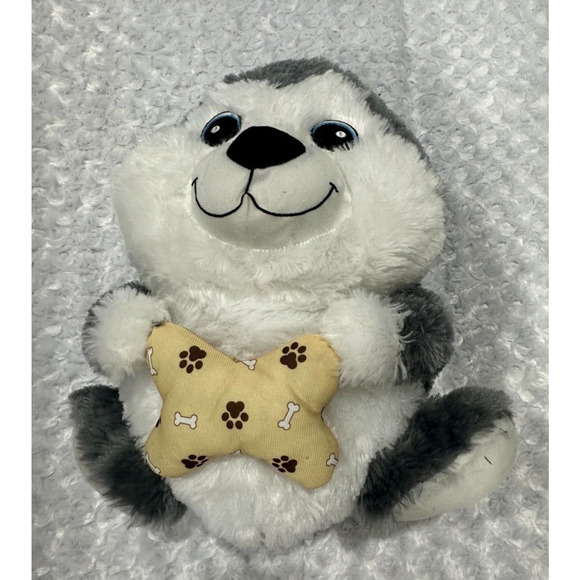 Goffa Husky Dog Plush Stuffed Animal Puppy Gray White 16" Holding Bone - Picture 6 of 6